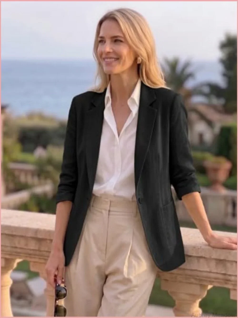 Linen Blend Blazer - 3/4 Ruched Sleeve Lightweight Work Blazer